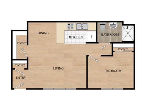 Floor plan for 1 bed, 1 bath, 527 sqft